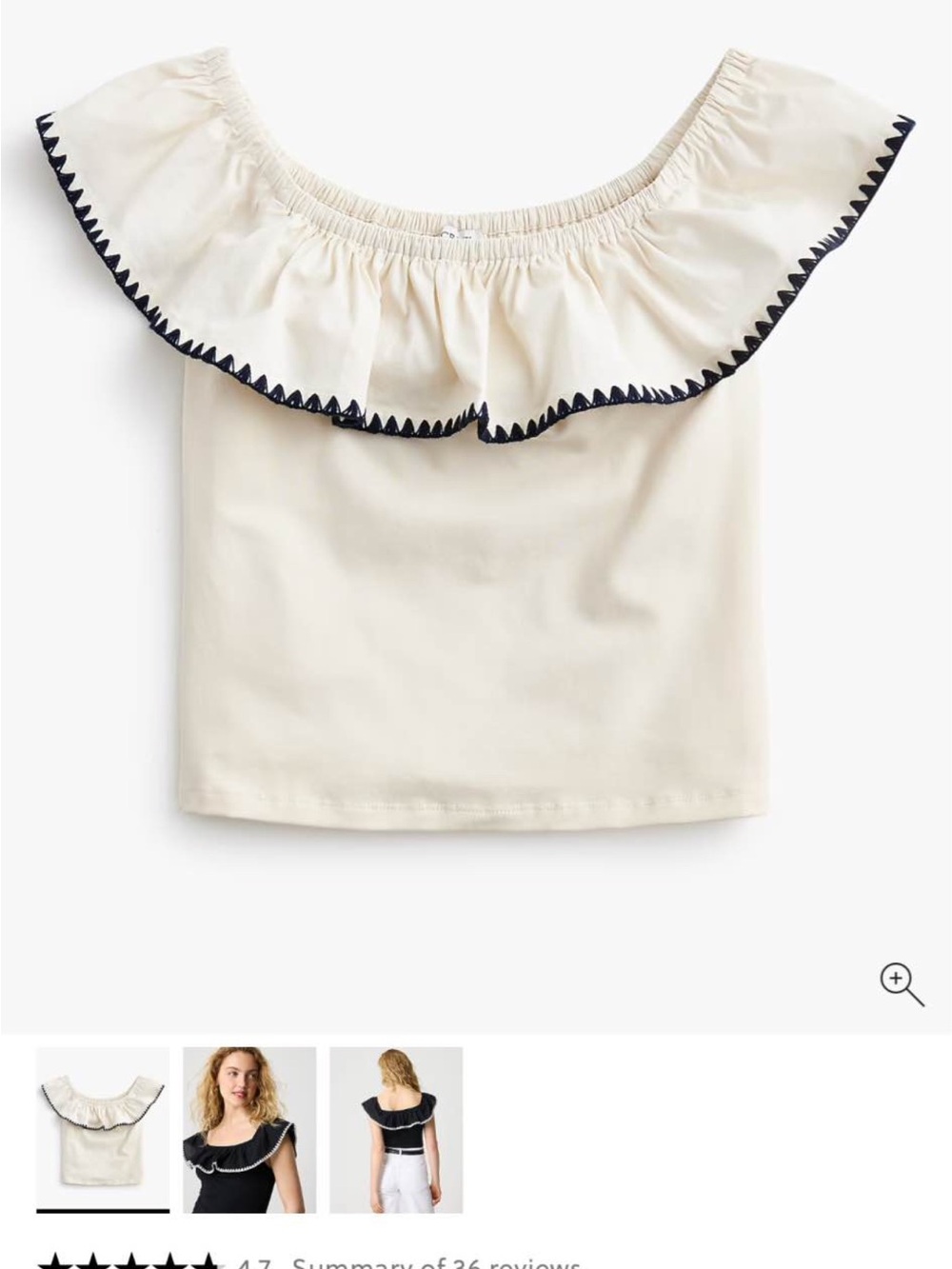 J. Crew Cream Off-the-Shoulder Ruffle Top with Black Trim